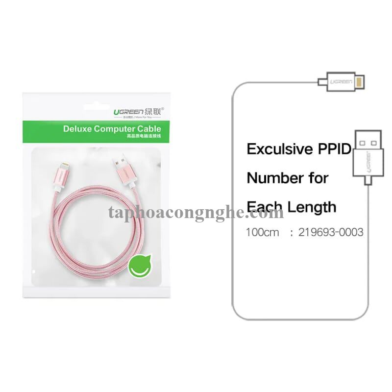 Ugreen 40697 0.5M màu Hồng Cáp Lightning sạc + truyền dữ liệu cho iPhone US199 30040697